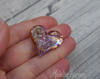 Soft Lilac Pink Swirl, Heart, Lampwork heart-shaped cabochon, delicate, mauve, shimmer