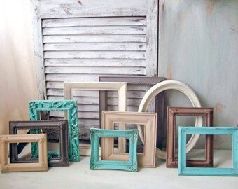 Coastal Vintage Picture Frames, Aqua, Gray, Set of 10 Painted Vintage Frames, MADE to ORDER Cottage Chic Frame Gallery, Ornate Frames