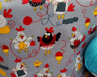 Large WIP Zipper Project Bag, Wedge Bag, Hens & Chickens Knitting, Fun in the Chicken Coop, Fold Over Top, Yarn Bowl, Lunch Tote
