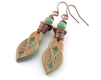 Handmade Sage Green and Copper Earrings, Polymer Clay Earrings, Copper Earrings, Lightweight Earrings, Boho Earrings, Sage Earrings, AE051