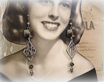 I D one of a kind vintage assemblage monogram earrings vintage glass beads antique french double monograms N C or C N + I O or O I