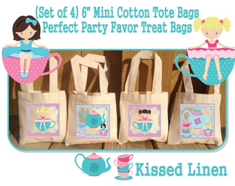 Little Girl Tea Party Birthday Treat Favor Gift Bags Mini Cotton Totes Children Kids Guests Tea Party Favor Gift Bags - Set of 4