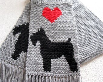 Miniature Schnauzer Scarf. Gray knit scarf with Schnauzer silhouette dogs. Knitted dog scarf. Schnauzer gift. Love my dog scarf