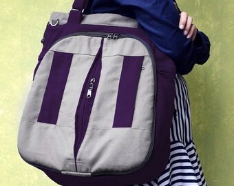Mother s Day Big Sale LILAC / Large / Dark Purple on Grey / Lined with Purple / Ship in 15 days /Adjustable Strap and Elastic Pockets / Diap