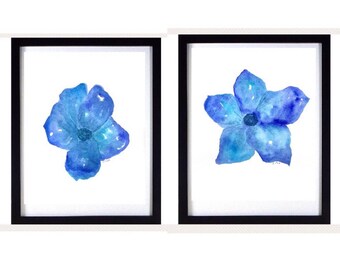 Blue Watercolor Flowers, Botanical Painting, set of 2, Tropical art, Original Watercolor floral artwork