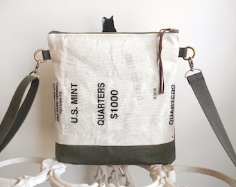 US Mint, military canvas crossbody, iPad bag - natural & olive drab - eco vintage fabr
