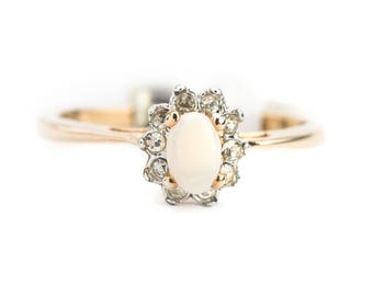 Vintage Genuine Opal Ring with Clear Swarovski Crystals 18kt Yellow Gold Electroplated Band October Birthstone Made in USA #R1291