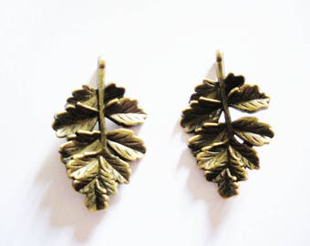 2 charms connector leaves bronze 32mm x 19mm