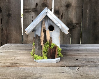 Birdhouse Handmade Recycled Wood Hand Painted Bird House White over Grey with Driftwood, Moss, Farmhouse Birdhouses, Item #612154321