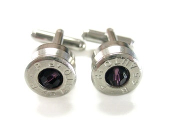 45 Caliber Silvertoned Cufflinks with Purple Swarovski Crystals