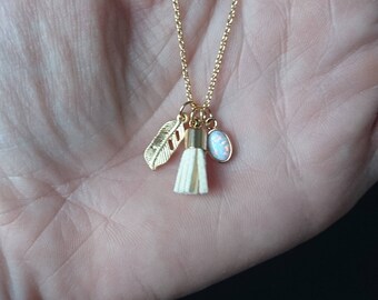 raindrop opalite, feather and tassel: necklace
