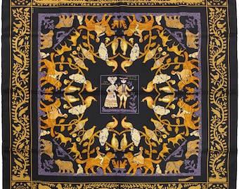 HERMES SCARF Silk "Early America" by Françoise De La Perriere 90cm Carre 100% Auth