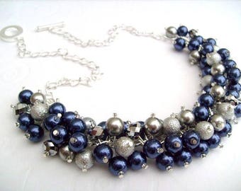 Pearl Beaded Necklace, Navy Blue Silver Bridesmaid Jewelry, Cluster Necklace, Chunky Necklace, Bridesmaid Gift, Navy Blue Jewelry, Wedding
