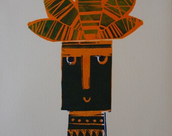 Potty Pot Head Mid Century inspired lino print
