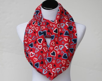 Red hearts scarf, Valentines day infinity scarf, red and navy blue hearts, loop scarf, circle scarf Valentine day gift for women, teen girls