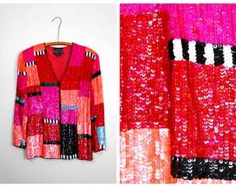 NEON Red Pink & Orange Sequin Jacket / Bright Retro Sequined Blazer / Color Block Sequined Jacket