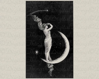 Crescent Moon Goddess Stars Wall Decor Art Printable Digital Download for Iron on Transfer to Tea Towel Fabric Pillows DT109