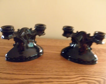 L E Smith Black Amethyst Double Candleholders - Pair