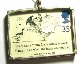 London Edward Lear Postage Stamp Preserved in Glass Pendant Silver Ready for Stringing or Making into Jewelry - AWESOME
