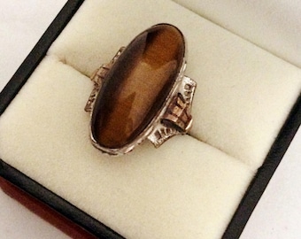Art Deco Clark & Coombs Tiger Eye Ring in Silver and 10K GF