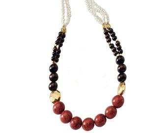 Necklace of Sponge Coral, Wood Beads, Porcelain and Gold Plated Metal Beads Handmade in the U.S.A.