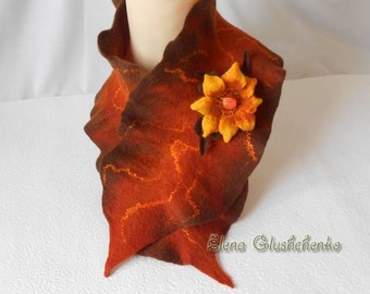 Felted Scarf READY TO SHIP Felted Collar Handmade Scarf with Felted Brooch Neckpiece Wool Scarf Art to Wear Gift for her