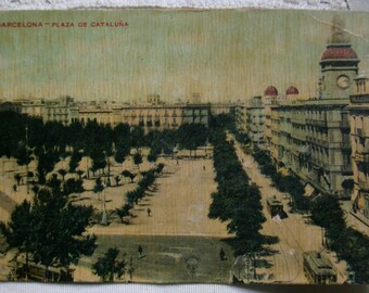 Vintage postcard.Antique postcard.Barcelona.Postal de Barcelona.Plaza de Cataluña.Misse Hs Barna.Tranvias.Ephemera.Collectable.Vintage Spain