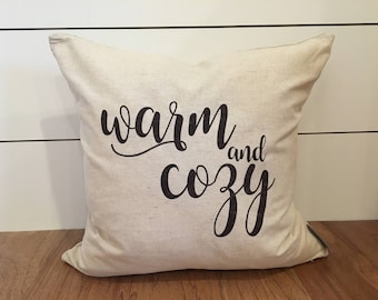 Warm and Cozy Pillow Cover, 18x18 Pillow Cover, Holiday Pillow Cover, Winter Home Decor, Winter Pillow, Christmas Pillow, Christmas Decor