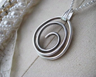 Swirl Necklace, Sterling SIlver, Hand Formed, Slightly Oxidized, Swirl Pendant, Rolo Chain, candies64