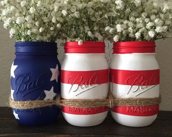 American Flag Mason Jars. Memorial Day Decor. Fourth of July Decor. Mason Jars Decor.