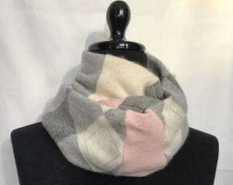 Pink Gray and Cream Argyle Infinity Cashmere Scarf made from an Upcycled Sweater