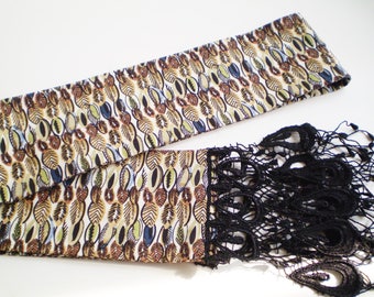 Feathers Boho Head Scarf, Tan Black Boho Head Scarf, Tan Bohemian Head Scarf, Tan Brown Blue Head Scarf, Hippie Head Scarf