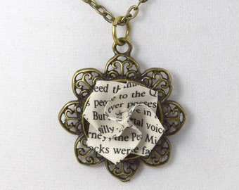 Paper Origami Necklace from Book Page // Antique Brass Pendant