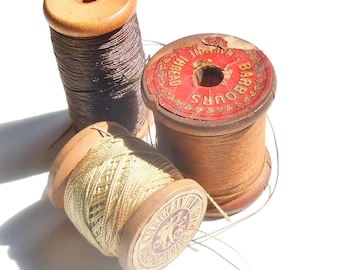 Thread / Vintage Group of Wooden Spools of Thread / Super Early Round Rolls / Assortment of 3 / American / Barbours Machine Thread Co.