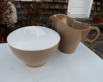 Boonton "Somerset" cocoa brown and white melamine sugar and creamer - 1960's - collectible