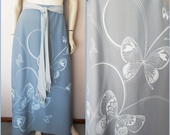 Vtg.60/70s Miss Shaheen Hawaii Duck Egg Blue Butterfly Print Maxi Skirt.M/L.Waist 31.