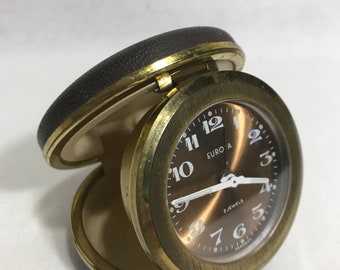 Alarm clock vintage EUROPA 2 Jewels Metal brass + Brown Vintage Leather travel