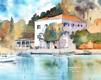 Watercolour print ' The Durrell's White House Kalami Corfu Greece size A3 (16.5 in x 11.7in.)