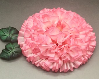 Large Pink and White Ribbon Flower Millinery Appliqué Zinnia Frilly Pleated Flower