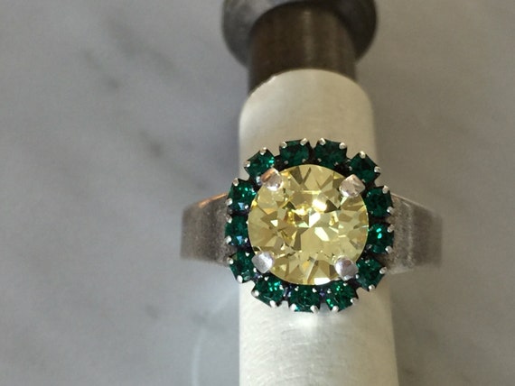 Swarovski Jonquil Ring, Swarovski Jonquil and Emerald Ring, Swarovski Yellow Ring, Jonquil Crystal Ring, Emerald Crystal Ring