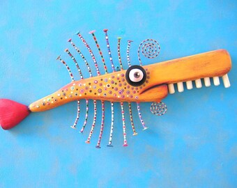 Golden Fish Stick, MADE to ORDER, Original Found Object Wall Sculpture, Fish Wall Art, Wood Carving, by Fig Jam Studio