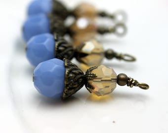 Vintage Style Slate Blue Round Glass Beaded Dangle Charm Drop Pendant Set
