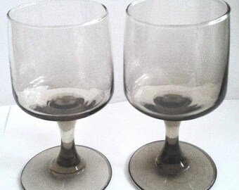 Vintage Pair Of Hand Blown Smoky Grey Crystal Wine Stemmed Glasses