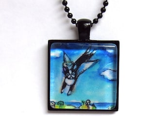 Boston Terrier Angel Jewelry painting Art Glass Tile Pendant Necklace