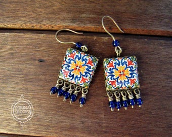 Portuguese Jewelry, Portuguese tile Earrings, large Statement Earrings, Dangle drop earrings, Colorful Jewelry, Mediterranean Earrings