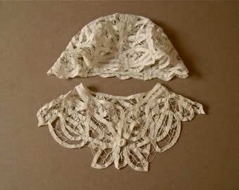Antique baby bonnet and collar, handworked ribbon lace, vintage early to mid 20th century, christening, baptism, collectible.