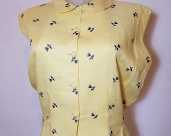 FREE SHIPPING 1950 Embroidered Linen Blouse