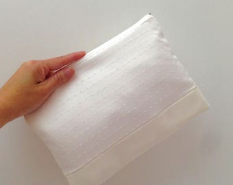 Bridal Wedding Zipper Clutch Purse, Ivory Cream Satin Specks