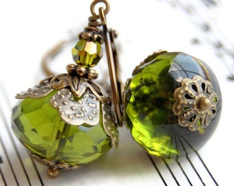 Green Glass Earrings, Olive Green Czech Glass Rondelles, Vintage Style with Antique Brass Beadcaps and Leverbacks