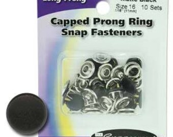 Long Prong Snap Size 16 Fasteners, Prong Capped Matte Black - 10 Fasteners per Order